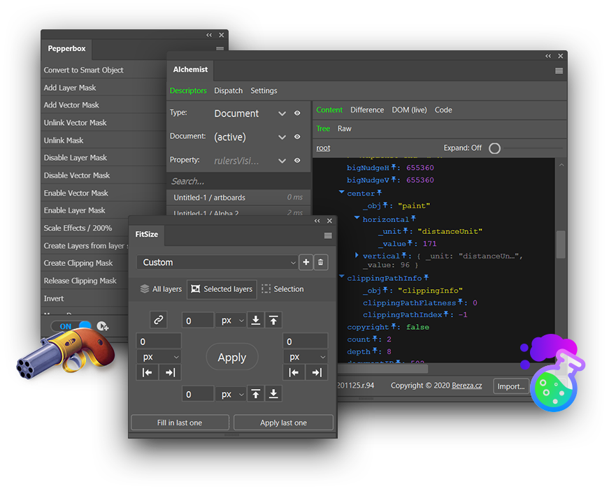 A collection of MightyPlugins panels in Photoshop
